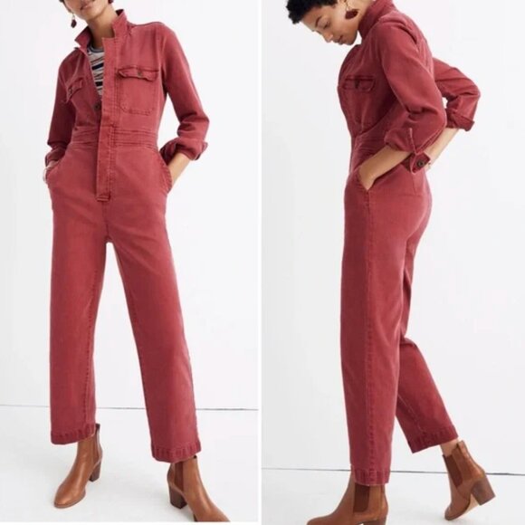 Madewell Garment Dyed Denim Slim Coverall Jumpsuit Long Sleeve Red Size 6 - Picture 1 of 9